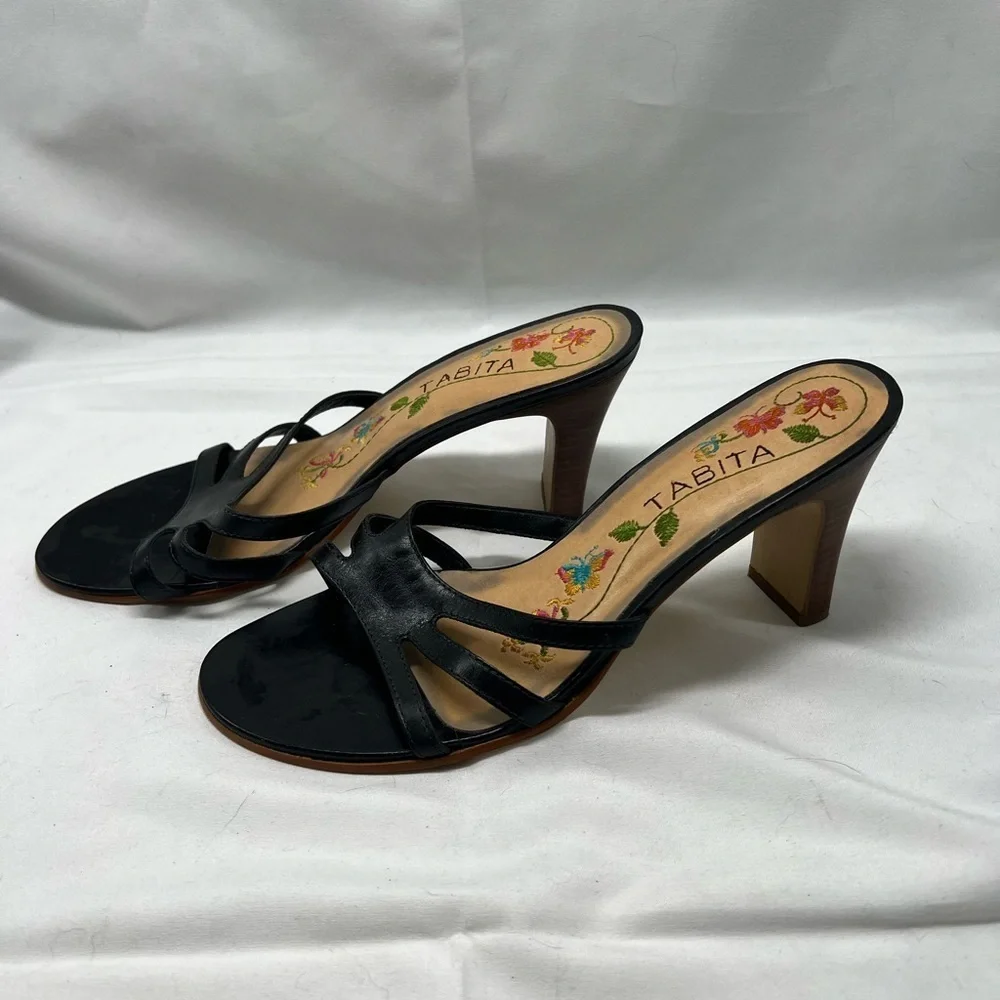 TABITA black Leather Open Toe Heels with Embroidery